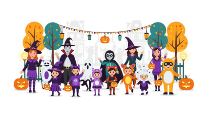 Halloween Gathering: A vibrant illustration of children and adults in festive costumes, gathering to celebrate Halloween in a fun and playful scene. 