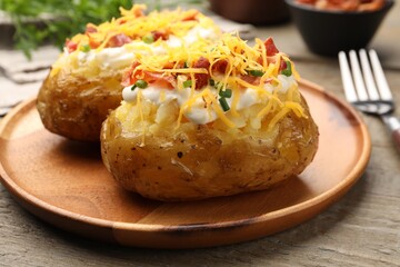 Tasty baked potatoes with sour cream, green onion, cheese and bacon on wooden table, closeup