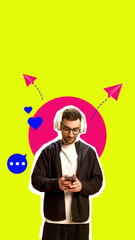 Graphic bold poster. Young man with headphones texting on smartphone with paper planes and icons around. Concept of messaging apps, online education, HR communication, and client support.