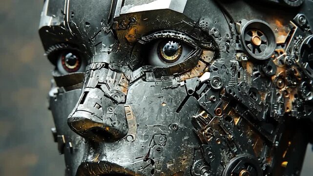 Intricate Steampunk Robot Face Close Up Detailed Mechanical Design.