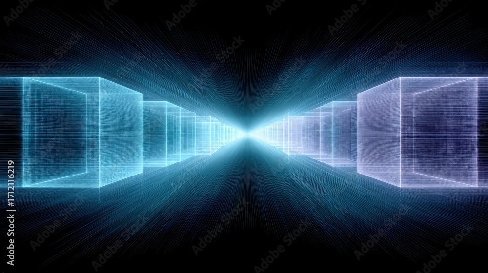 Poster futuristic grid of synchronized quantum pulses with glowing cubes creating sense of depth and motion
