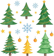 Collection of six festive decorated christmas trees with ornaments and snowflakes in a watercolor style