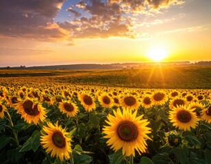 Golden Sunflower Field Under Dramatic Sunset Sky with Orange and Yellow Hues Field Full of Sunflowers with Lush Green Leaves