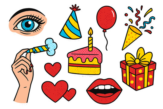 Happy birthday pop art sticker set. Retro comic style celebration collection with cake, gift, balloon, party hat. Cartoon vector illustration with eye, lips, hand elements.