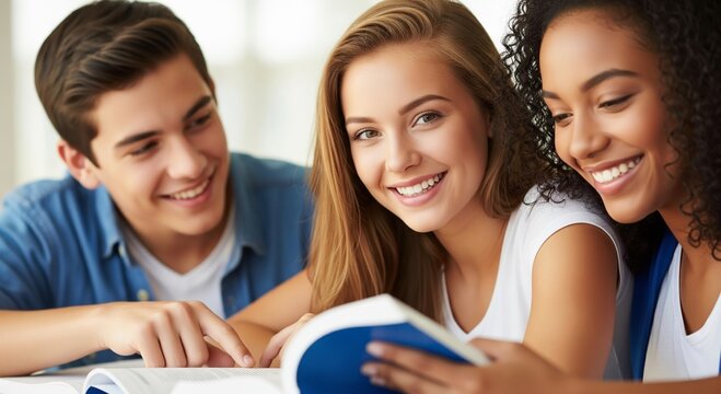 A group of joyful teen students collaborate on a study project, smiling and engaged in a vibrant classroom setting, fostering teamwork and learning