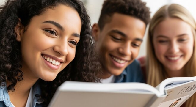 A group of joyful teen students collaborate on a study project, smiling and engaged in a vibrant classroom setting, fostering teamwork and learning
