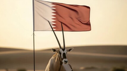 A majestic Arabian Oryx, the national animal of Qatar, stands proudly in the desert with the Qatari flag waving in the background at sunset. - Powered by Adobe