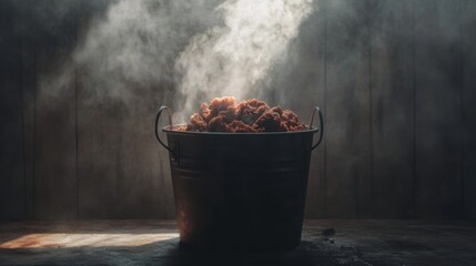 Steam Rising from a Bucket of Fried Chicken in Dimly Lit Room