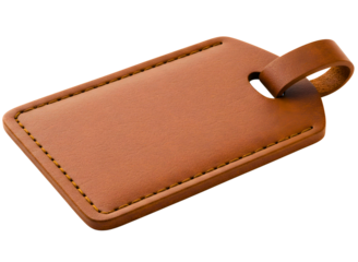 Leather luggage tag with stitched edges and strap isolated on transparent background