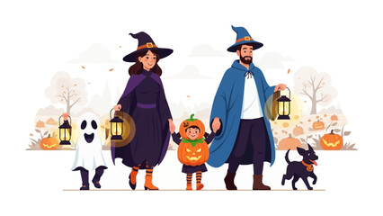 Halloween Family Outing: A heartwarming scene of a family dressed in festive costumes, strolling together hand-in-hand during a whimsical Halloween celebration, creating unforgettable memories.