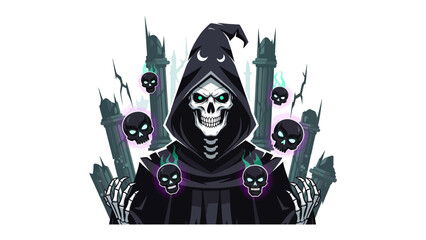 The Grim Specter: A chilling depiction of the Grim Reaper, enveloped in a dark cloak and hood, surrounded by eerie skulls and ghostly apparitions.