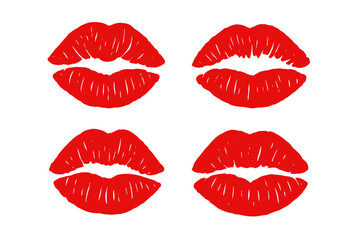 Red lipstick kiss imprints set. Vector lips female makeup mark. Girl's mouth cartoon illustration. Valentine's day love symbol. Passion and romance icon collection.