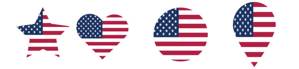 American Flag Symbol Vector – Patriotic Icons in Star, Heart, Circle, and Location Pin Shapes for Marketing, Apps, and National Holidays