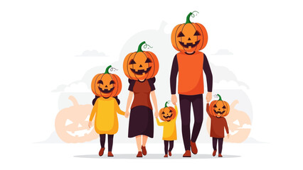 Pumpkin-Headed Family Parade: A close-knit family, each adorned with cheerful pumpkin heads, strides forward together, embodying the joy and togetherness of Halloween festivities.
