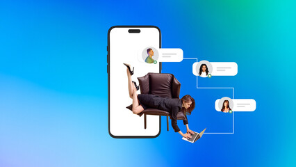Modern collage. Woman on chair with laptop inside giant smartphone chatting with diverse contacts. Concept of client service, IT apps, HR communication, online education, and health consultation.