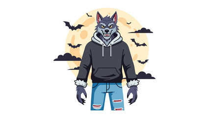 Werewolf in Moonlight: A stylized werewolf figure stands boldly against a vibrant full moon backdrop, with bats and clouds. evoking a sense of mystery and gothic charm.