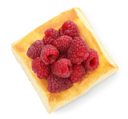 Yummy puff pastry with raspberries isolated on white, top view