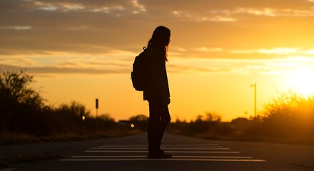 Fototapeta premium A person standing on a road at sunset