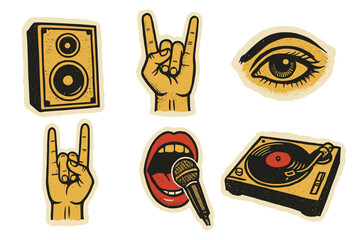 Rock music festival collage elements set. Retro grunge halftone stickers with hand horn sign, speaker, microphone, vinyl turntable. Concert party vector illustration.