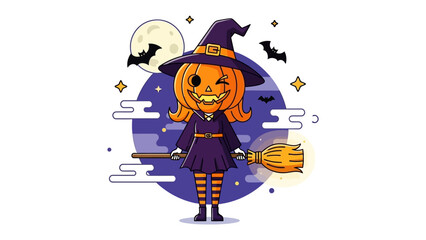 Witchy Halloween Illustration: A cheerful cartoon witch in a festive costume, smiles playfully, holding her broom, surrounded by a full moon, bats, and stars, perfect for Halloween!