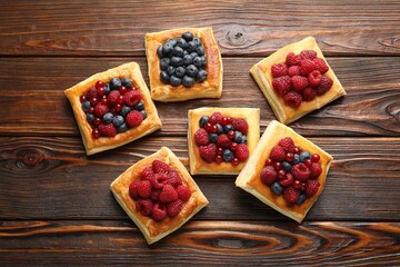Tasty puff pastries with berries on wooden table, flat lay