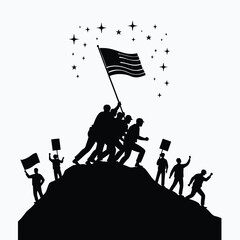 Naklejka premium Silhouettes of people raising American flag on hill with stars