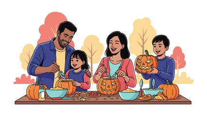 Family Carving Pumpkins: A warm, family gathering, creating intricate jack-o'-lanterns together, embracing the essence of the season in a fun, communal activity