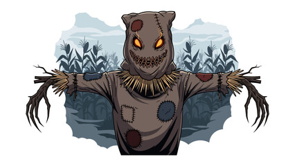 Spooky Scarecrow: A chilling illustration depicts a scarecrow, crafted from burlap and straw, standing menacingly amidst a fog-laden field.