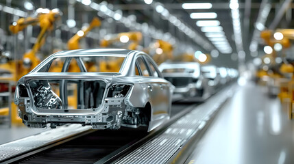 Modern Silver Automobile Body Production Line and Robotic Arm in Factory. Ai Generated Images