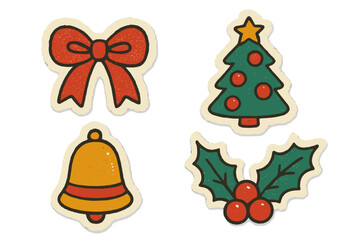Christmas sticker set in retro torn paper style. Vector collection of vintage holiday icons: bow, tree, bell, holly. Naive halftone collage illustration for festive design.