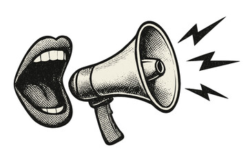 Retro pop art mouth screaming into loudspeaker. Vintage megaphone in halftone dotted style. Vector illustration for protest, communication, announcement, propaganda, or alert.