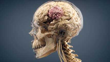 Brain Tumour Awareness Week. 3D exploded anatomical model of human skull and brain with highlighted tumour in parietal lobe