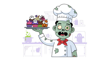 Zombie Chef and Spooky Treats: An illustrated zombie chef presents a tray of Halloween cupcakes, creating a blend of frightful and fun for the spooky season. 