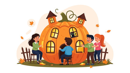 Whimsical Pumpkin House Gathering: A cheerful group of children gathers around a fantastical pumpkin house, their faces filled with wonder and glee. Autumn leaves gently fall.