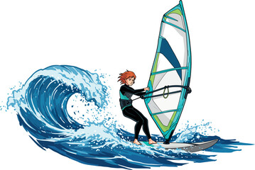 Illustration of a young woman windsurfing among the waves, isolated on white background © Özgür Güvenç