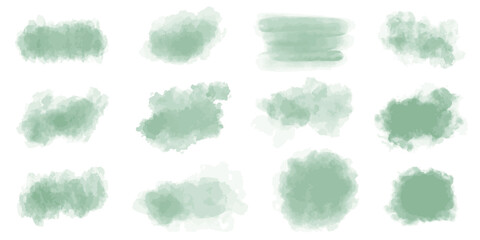 Delicate olive color watercolor stains. Light green textured brushstrokes of varying shapes. Clip art of natural green fresh elements. Vector graphics.
