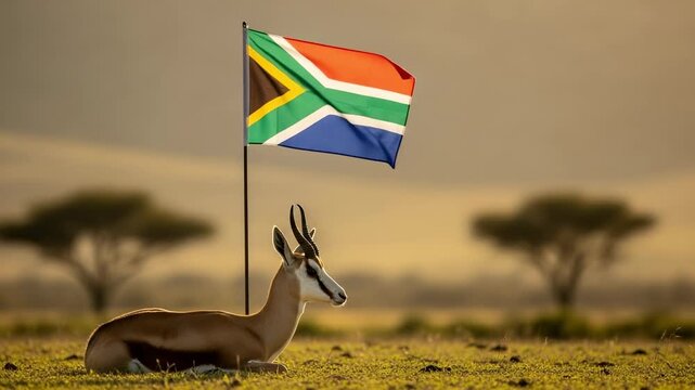A springbok antelope, the national animal of South Africa, lies peacefully next to the country's flag in the wild savanna at sunset.
