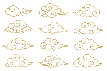 Set of traditional Chinese clouds in gold line art style. Asian oriental auspicious cloud pattern collection. Vector illustration for Chinese New Year, Mid Autumn Festival design.