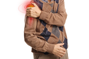 Health care concept, man with pain in shoulder