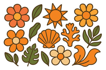 Groovy retro 70s floral summer elements set. Vintage inspired collection of flat vector illustrations with flowers, leaf shapes, shell, sea coral, and sun icons. Hippie style.