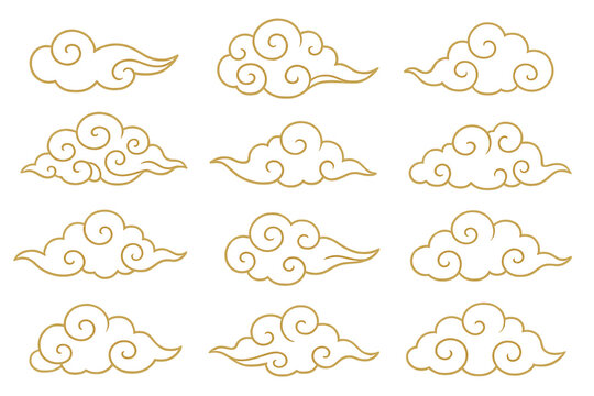 Set of traditional Chinese clouds in gold line art style. Asian oriental auspicious cloud pattern collection. Vector illustration for Chinese New Year, Mid Autumn Festival design.