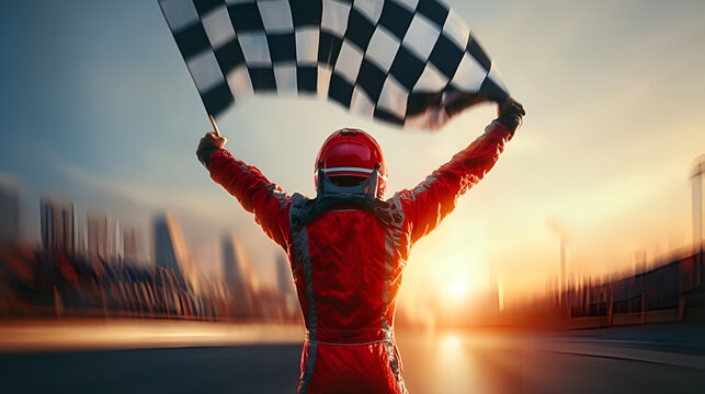 Dramatic Backlit Racing Car Driver Holding Checkered Flag in Golden Sunset. Ai Generated Images