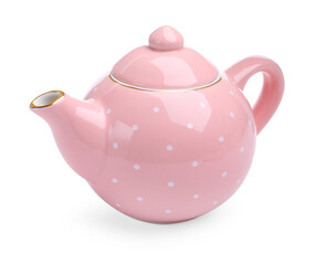 Beautiful pink teapot isolated on white. Child's toy