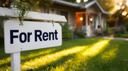 Warm Impression of "For Rent" Sign in Front of Cozy Home. Ai Generated Images