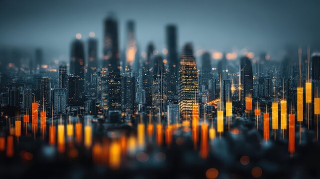 City skyline at dusk with rising digital charts, representing economic growth in metropolitan area and potential investment opportunities