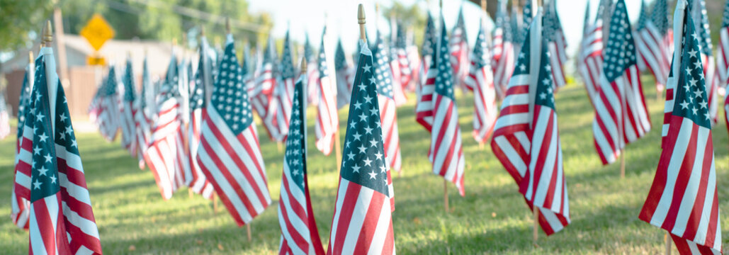 Panorama view flag stands in crisp focus against softly blurred residential houses and neighborhood street, capturing emotional clarity of remembrance in Texas patriotic 9/11 memorial landscape