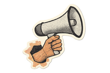 Loudspeaker in hand, vintage collage sticker concept. Metaphor for announcement, protest, news, alert. Retro halftone cutout illustration for communication, marketing, voice, ads.