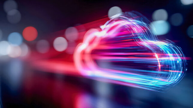 Neon glowing cloud computing icon with dynamic light trails in a futuristic setting