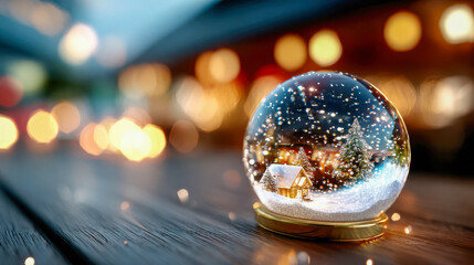 Decorative snow globe with tiny wooden house inside and swirling snowflakes on winter background