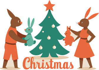 Naklejka premium Cute christmas rabbits decorating a tree